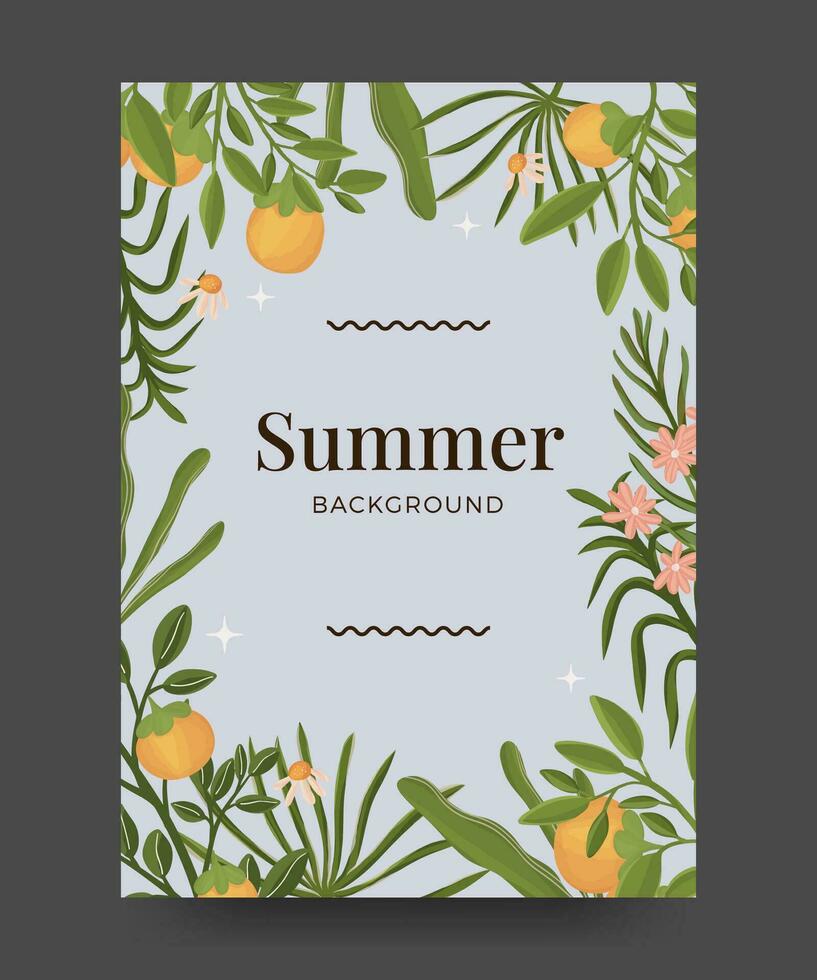 Summer background poster with tropical leaves, exotic fruit and flowers. Summer poster illustration vector