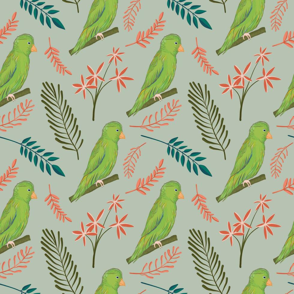 Hand drawn bird pattern on flower and leaves background vector