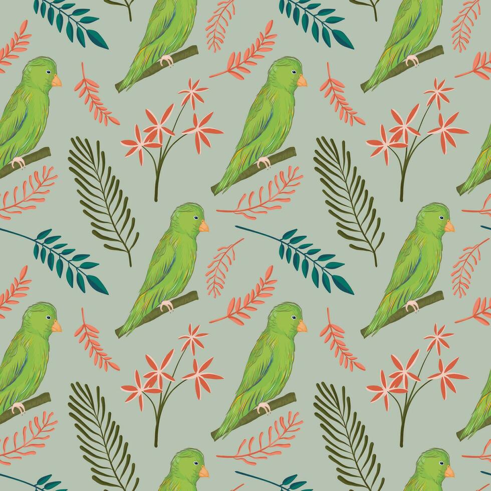 Hand drawn bird pattern on flower and leaves background vector