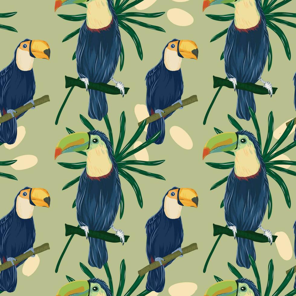 hand drawn toucan bird and tropical leaves pattern vector