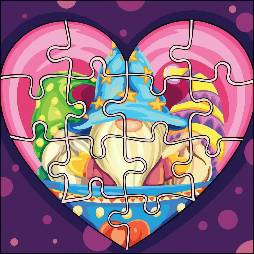 vector art illustration of a heart-shaped puzzle depicting three witches