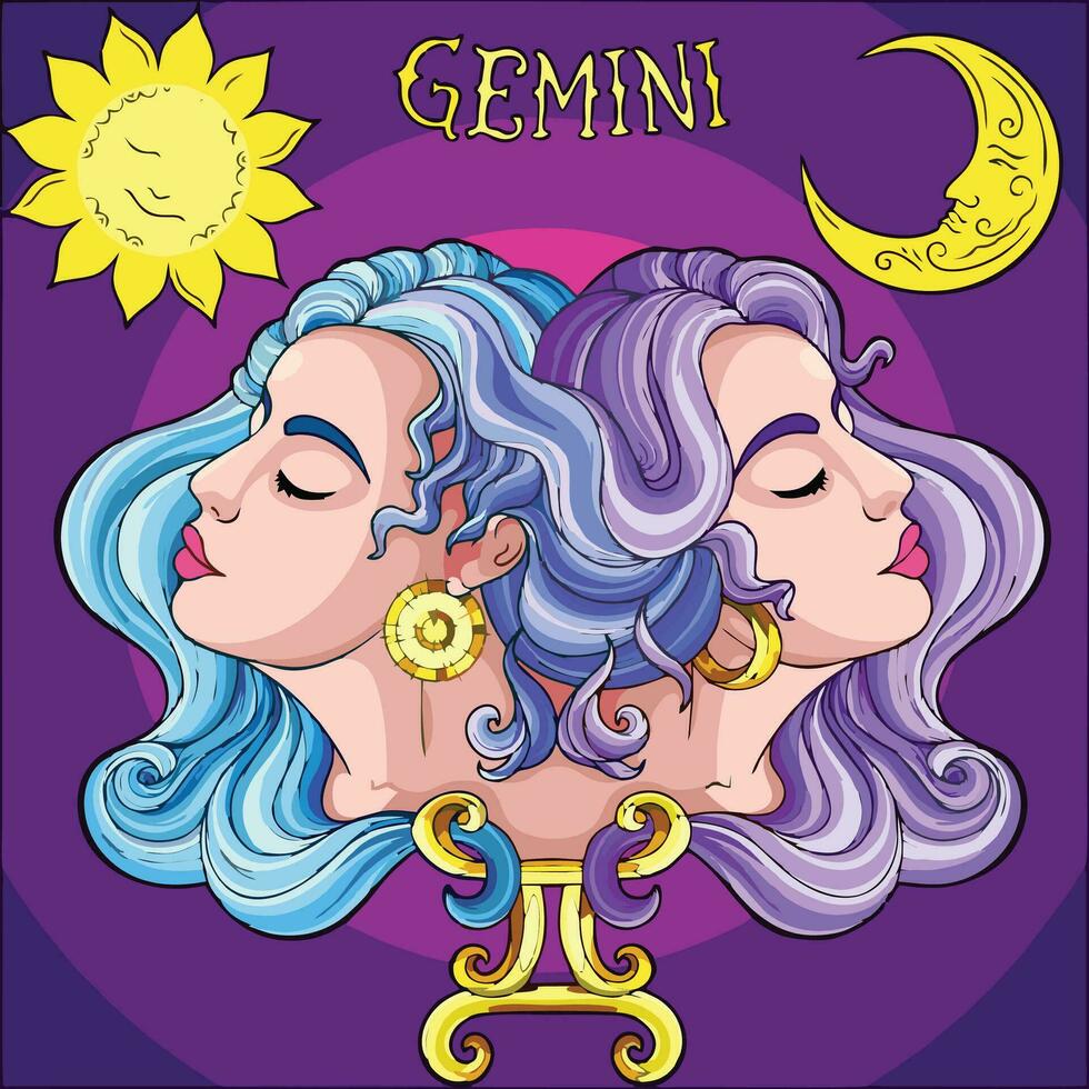 Gemini is the third sign of the zodiac, and it is represented by the twins Castor and Pollux. Geminis are born between May 21 and June 20, and they are an air sign. vector