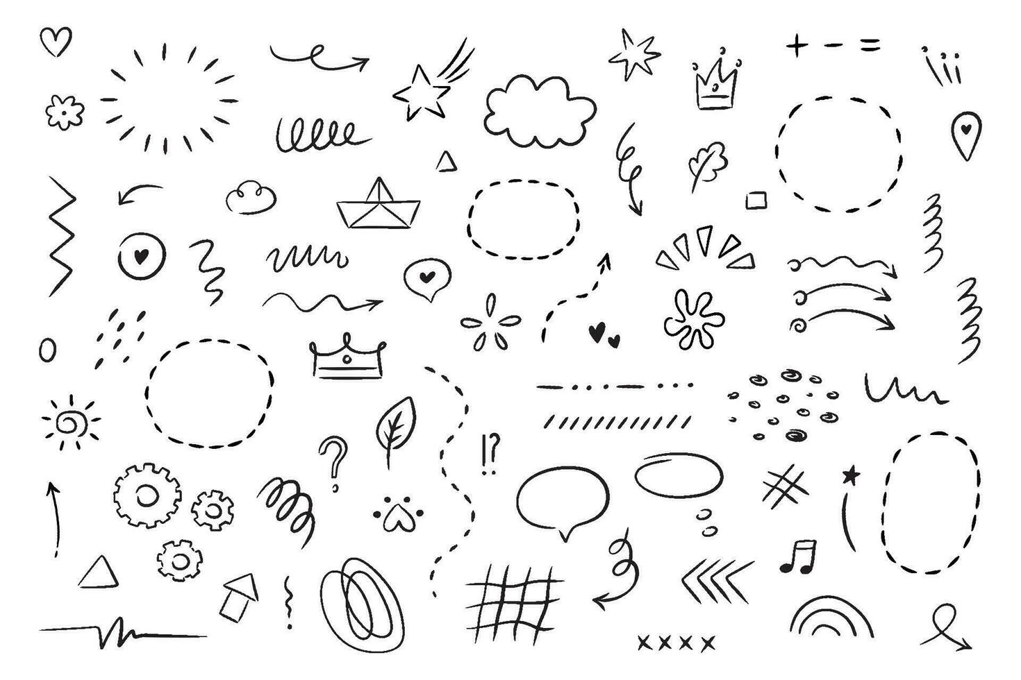 Hand drawn simple elements set. Sketch underlines, icons, emphasis, speech bubbles, arrows and shapes. Vector illustration isolated on white background.