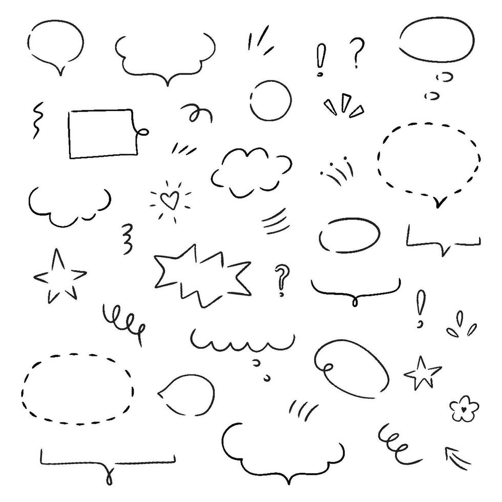Hand drawn set i speech bubbles, clouds and and doodle elements. Isolated simple vector illustration.