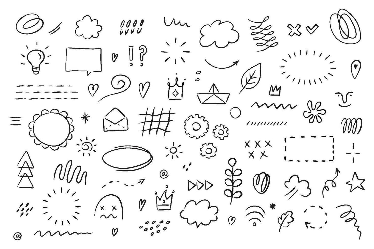 Hand drawn simple elements set. Sketch underlines, icons, emphasis, speech bubbles, arrows and shapes. Vector illustration isolated on white background.
