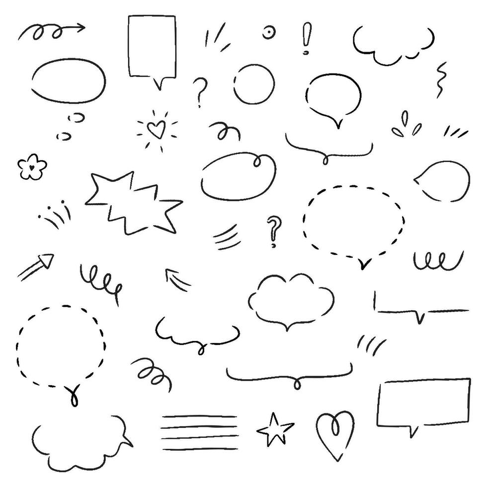 Hand drawn set i speech bubbles, clouds and and doodle elements. Isolated simple vector illustration.