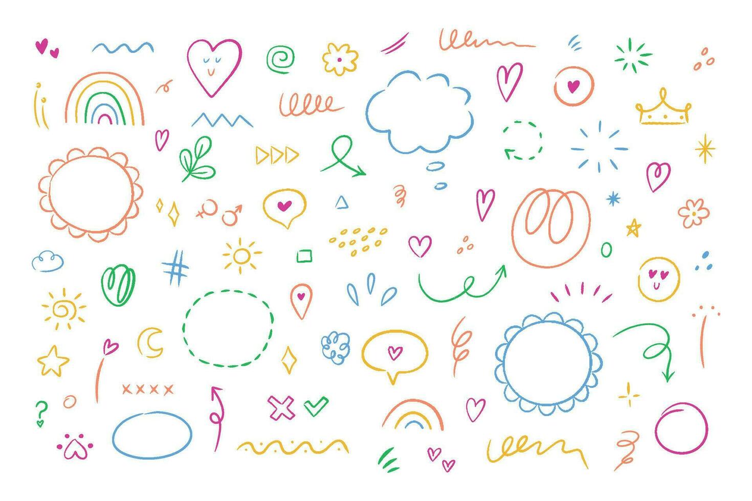 Hand drawn simple elements set. Sketch underlines, icons, emphasis, speech bubbles, arrows and shapes. Vector illustration isolated on white background.