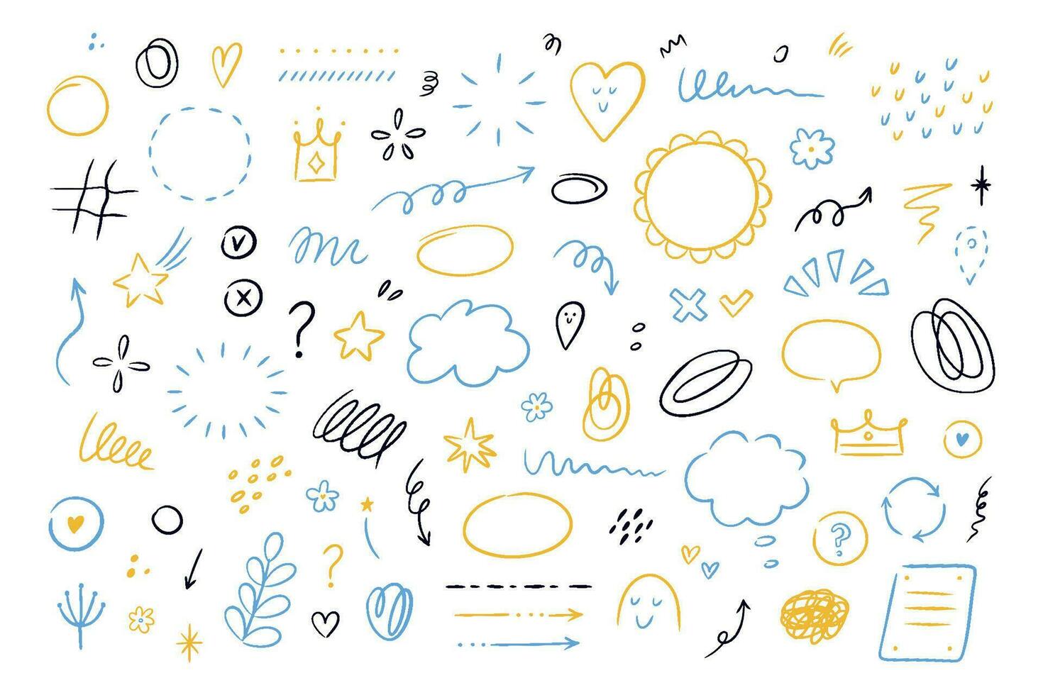 Hand drawn simple elements set. Sketch underlines, icons, emphasis, speech bubbles, arrows and shapes. Vector illustration isolated on white background.