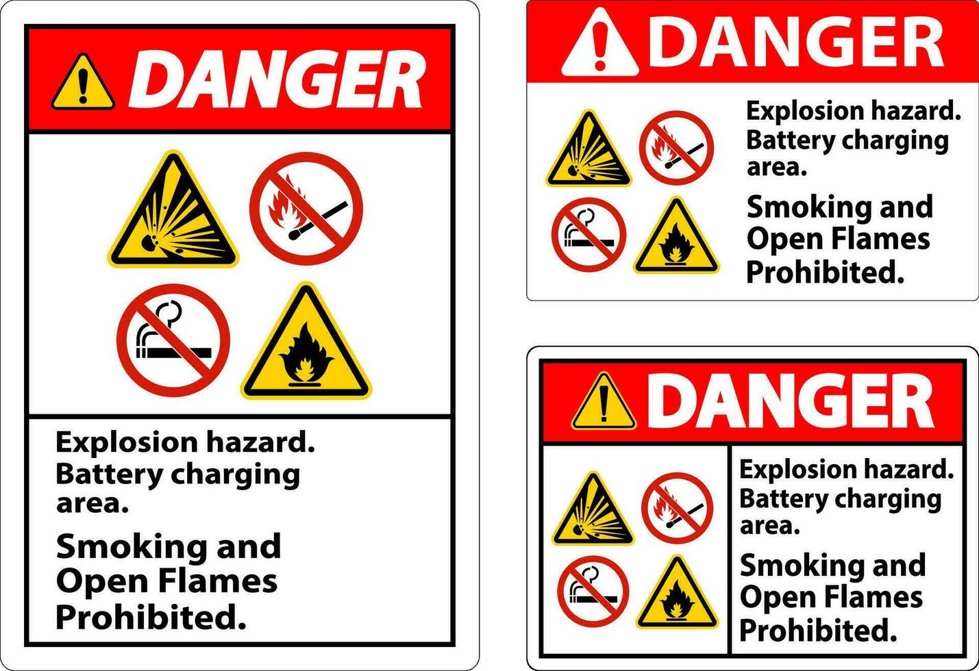 Danger Sign Explosion Hazard, Battery Charging Area, Smoking And Open Flames Prohibited vector