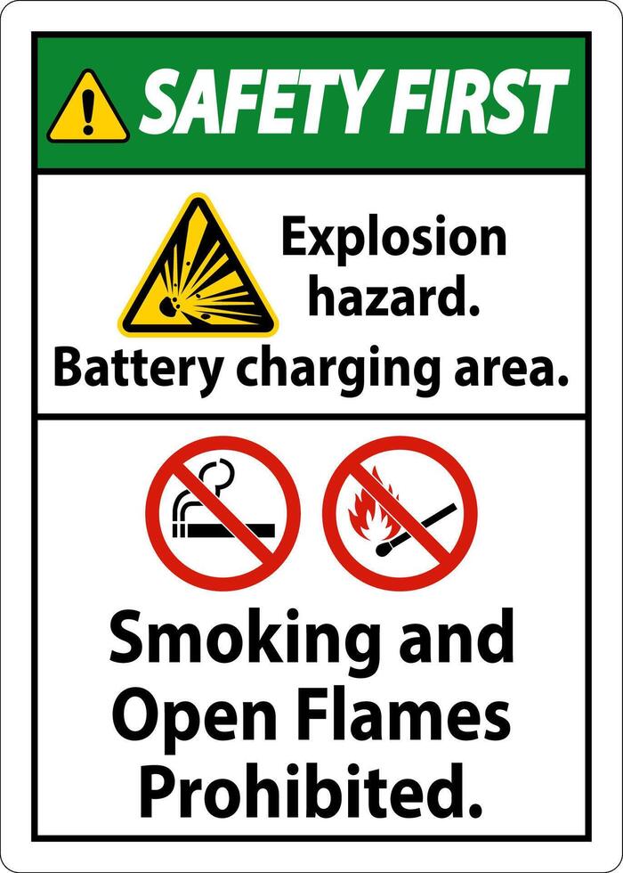 Safety First Sign Explosion Hazard, Battery Charging Area, Smoking And Open Flames Prohibited vector