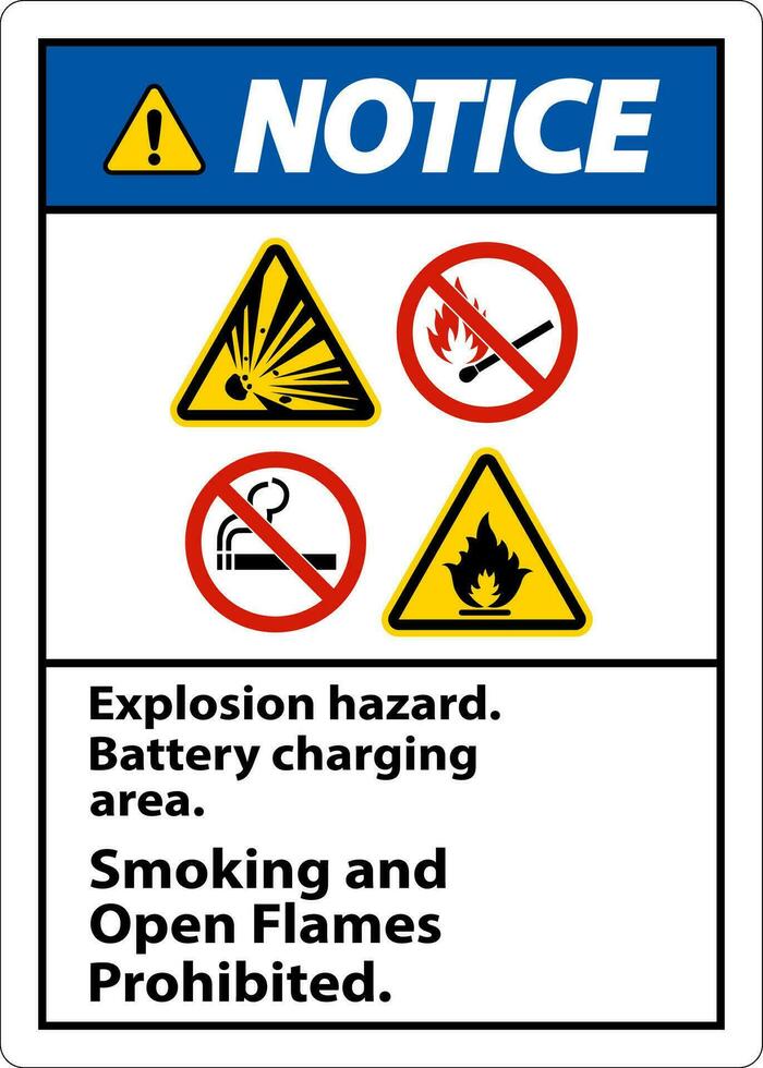 Notice Sign Explosion Hazard, Battery Charging Area, Smoking And Open Flames Prohibited vector