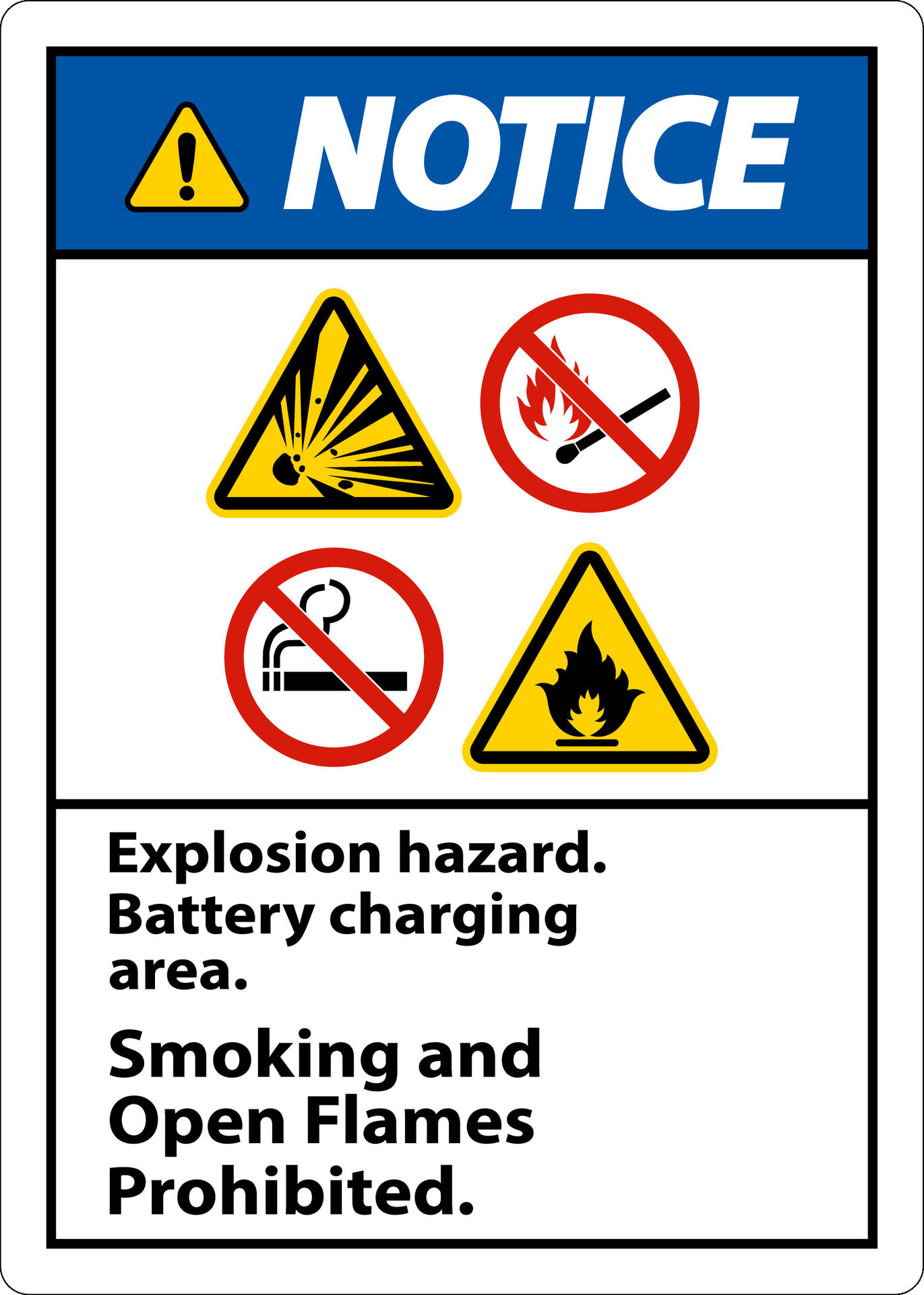 Notice Sign Explosion Hazard, Battery Charging Area, Smoking And Open