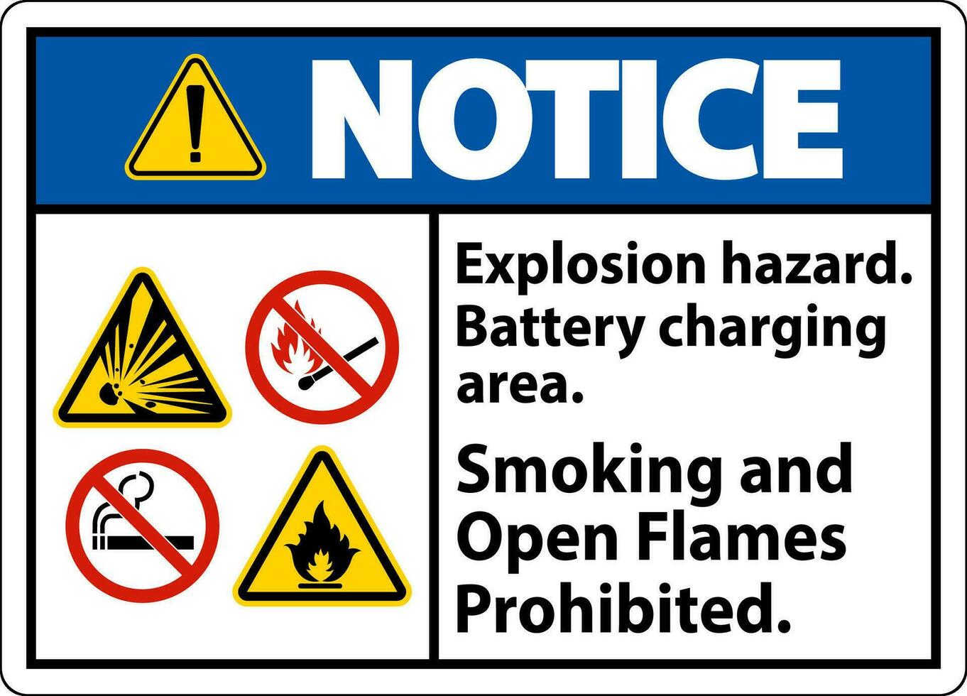 Notice Sign Explosion Hazard, Battery Charging Area, Smoking And Open Flames Prohibited vector