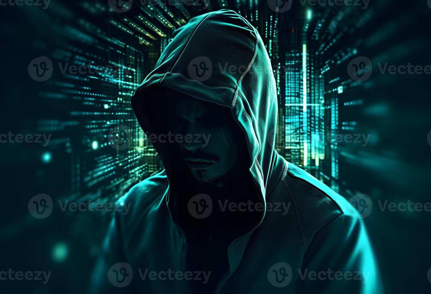 Hacker in hood against binary code background. Hacking concept. photo