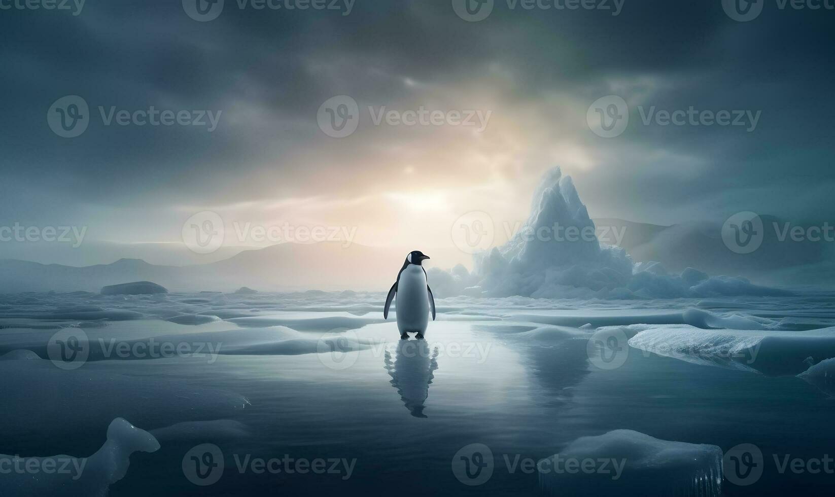a penguin standing on a shard of ice about to melt AI Generated photo