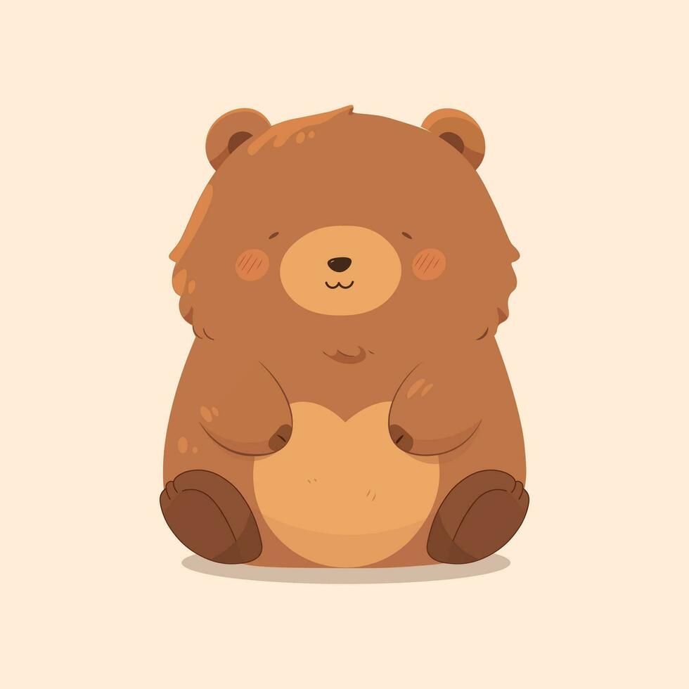 Cute cartoon brown bear with heart shape sitting. Vector illustration.