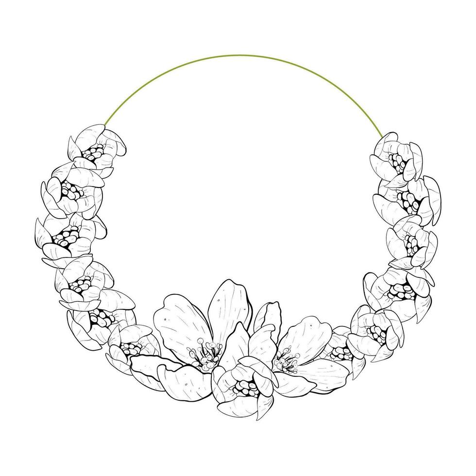 Vector illustration ring frame composition with flowers of cherry, sakura, apple, plum, wild cherry plum, bird cherry, pear. Realistic black contour, graphic drawing. For cards, logo, photos, stickers