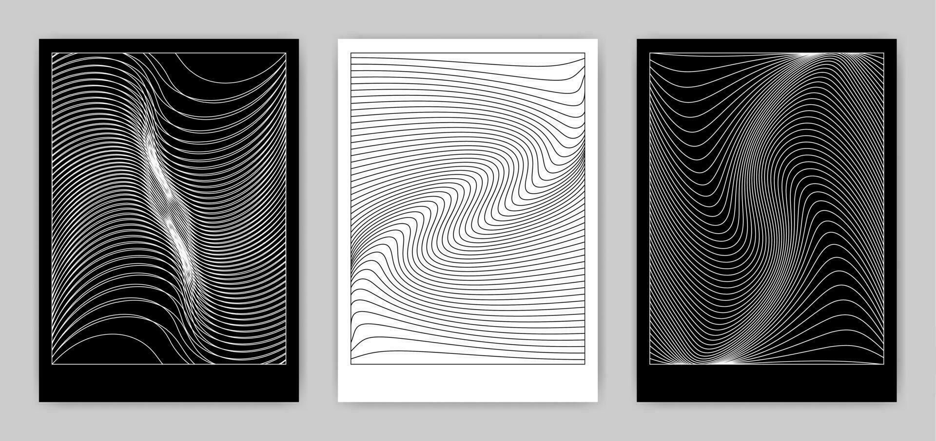 Black and white geometric posters with distorted lines, set. Abstract Wall Art. vector