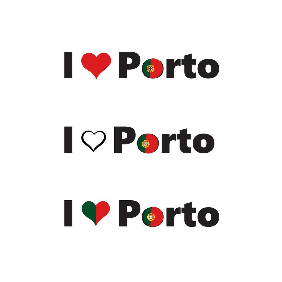 Portugal city Porto horizontal banner. Lettering I love Porto with nacional portuguese flag and love heart. Vector template for your design.