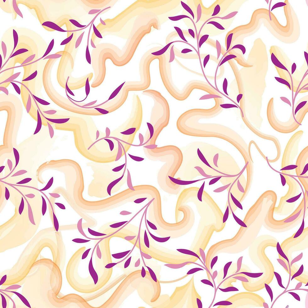 Abstract floral pattern with splash and watercolord swirl lines. Flourish seamless texture. Stylish abstract vector branch with leaves summer nature background