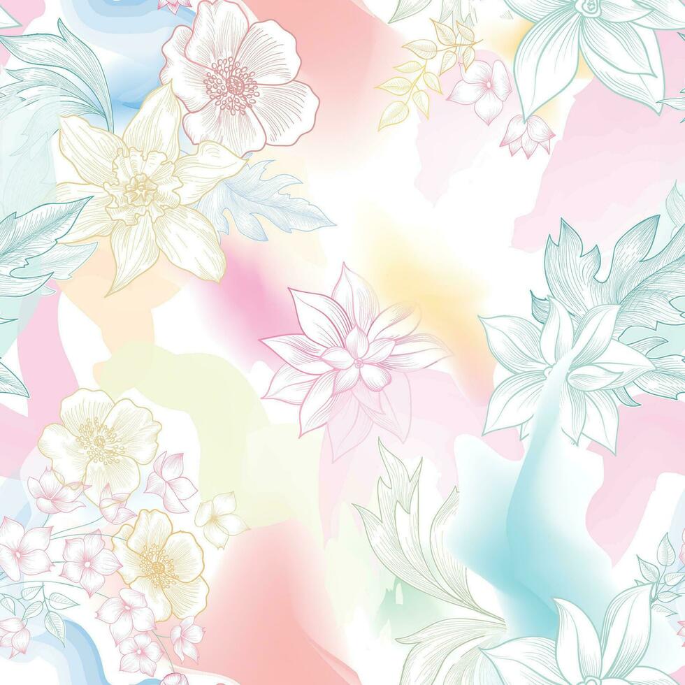 Flowers and abstract wavy blurred lines. Beautiful floral seamless watercolored texture. Endless pattern in bright spring style. Flowing waves splash blossom background graphics. vector