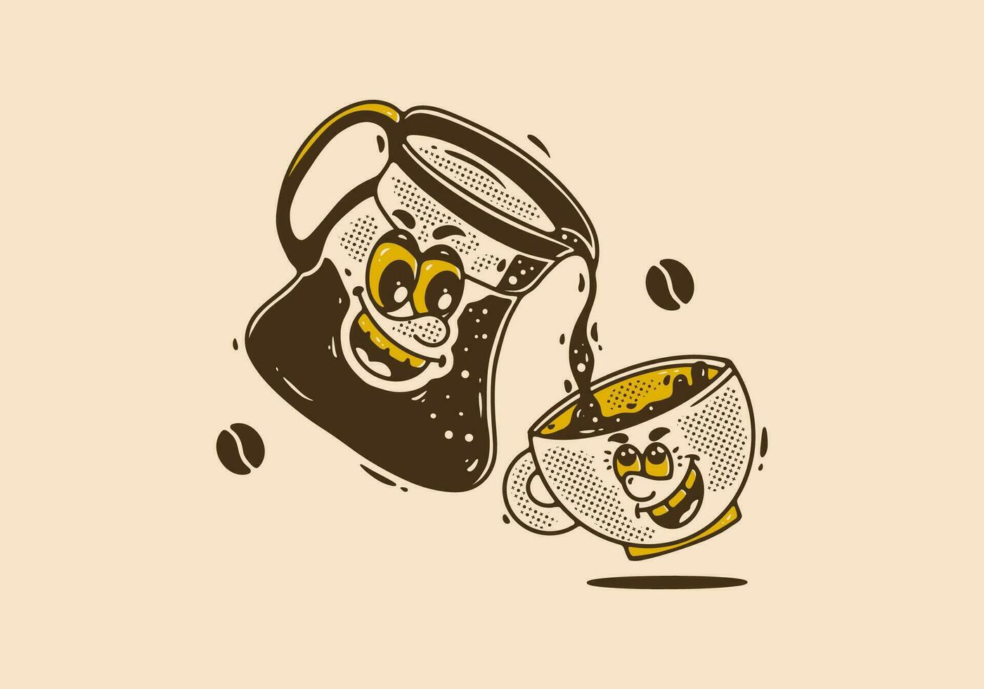 coffee cup and coffee pot mascot character with happy face vector