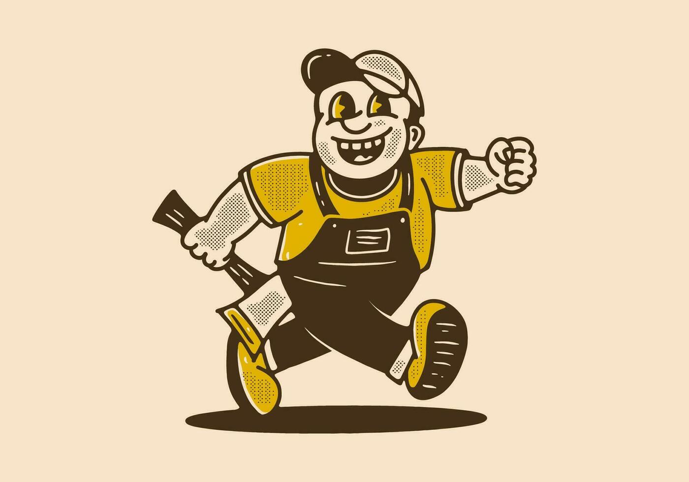 Vintage drawing of the mascot character design of running fat lumberjack holding ax vector