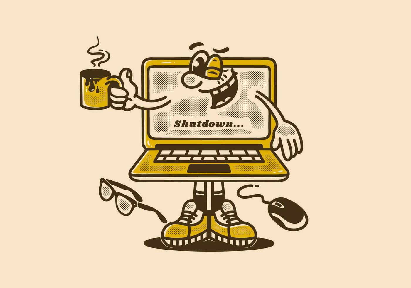 Mascot character design of a laptop holding a coffee mug vector