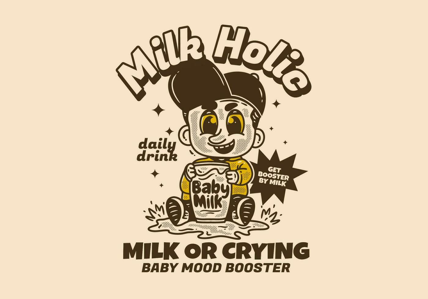 vintage drawing of baby character holding a glass of milk vector