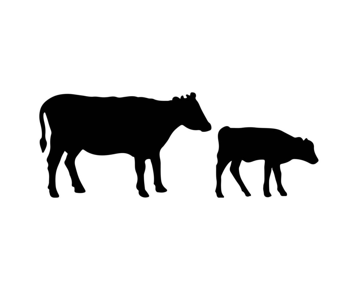 Silhouette of cow and young calf. Domestic cattle in a farm. Mammal animal logo. Vector illustration in simple black style. Beef meat and milk symbol