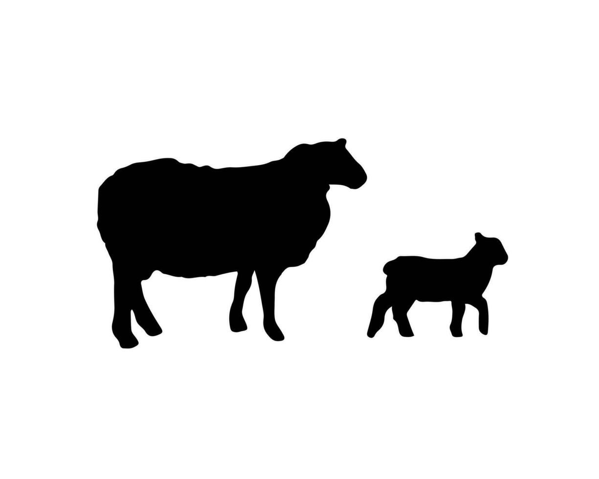 Sheep and lamb silhouette in black color. Mammal animal lives at the farm. Symbol of wool. Domestic agriculture cattle vector