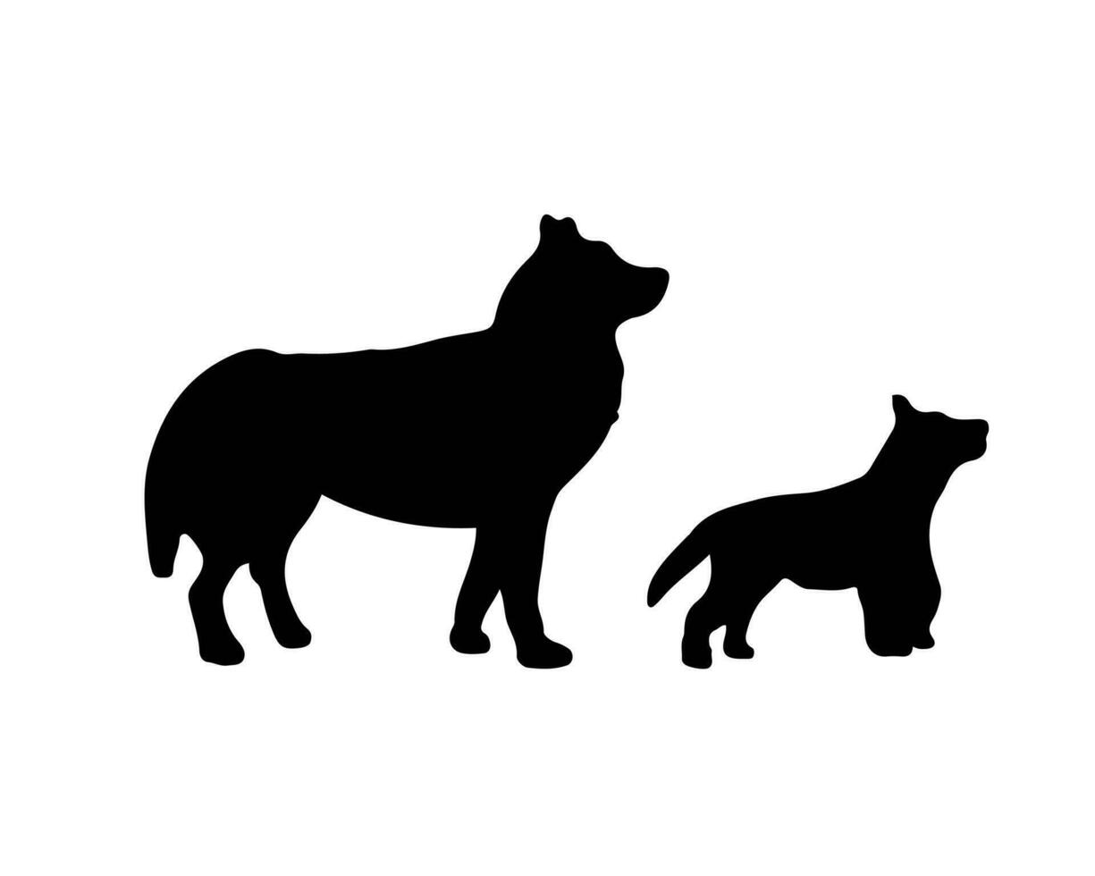 Black silhouettes dog and puppy husky breed. Vector illustration about domestic pet. Mammal animal for hunting. Mother and baby dogs