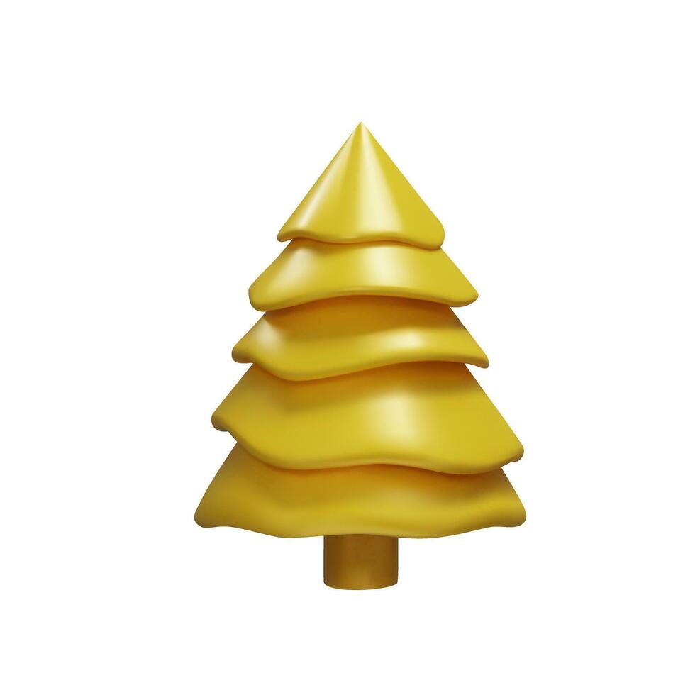 Gold Christmas tree in clay style. 3D render spruce is decoration element for winter or summer seasons. Metal plastic realistic plant for park. Vector illustration like decoration symbol.
