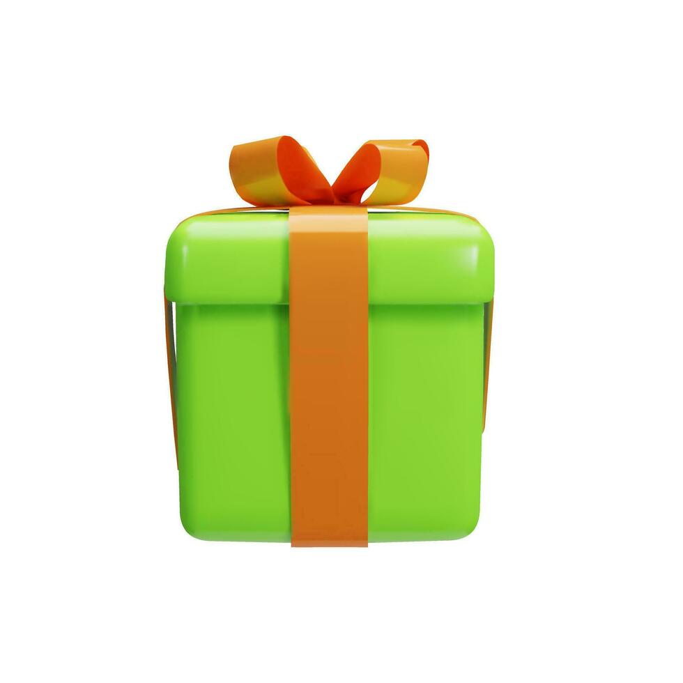 Realistic green gift box with orange ribbon bow isolated on a white background. 3d render modern holiday surprise box. Clay, plastic vector icon for present, birthday or anniversary banners