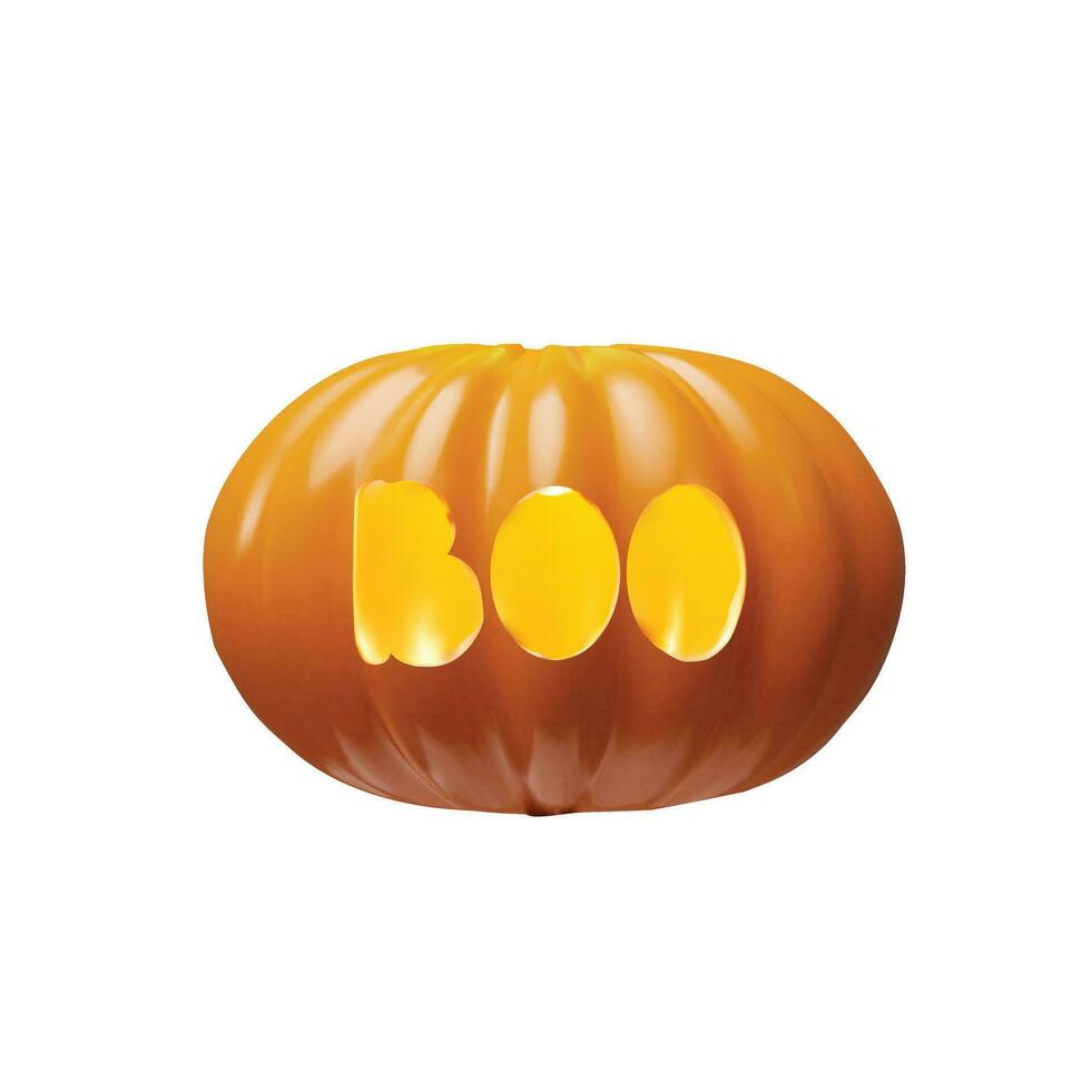 Happy Halloween. Ripe vector orange pumpkin emotion with boo. Realistic 3d render illustration in clay, plastic style. Autumn decor for poster, banner, flyer. Spooky lantern to october holiday