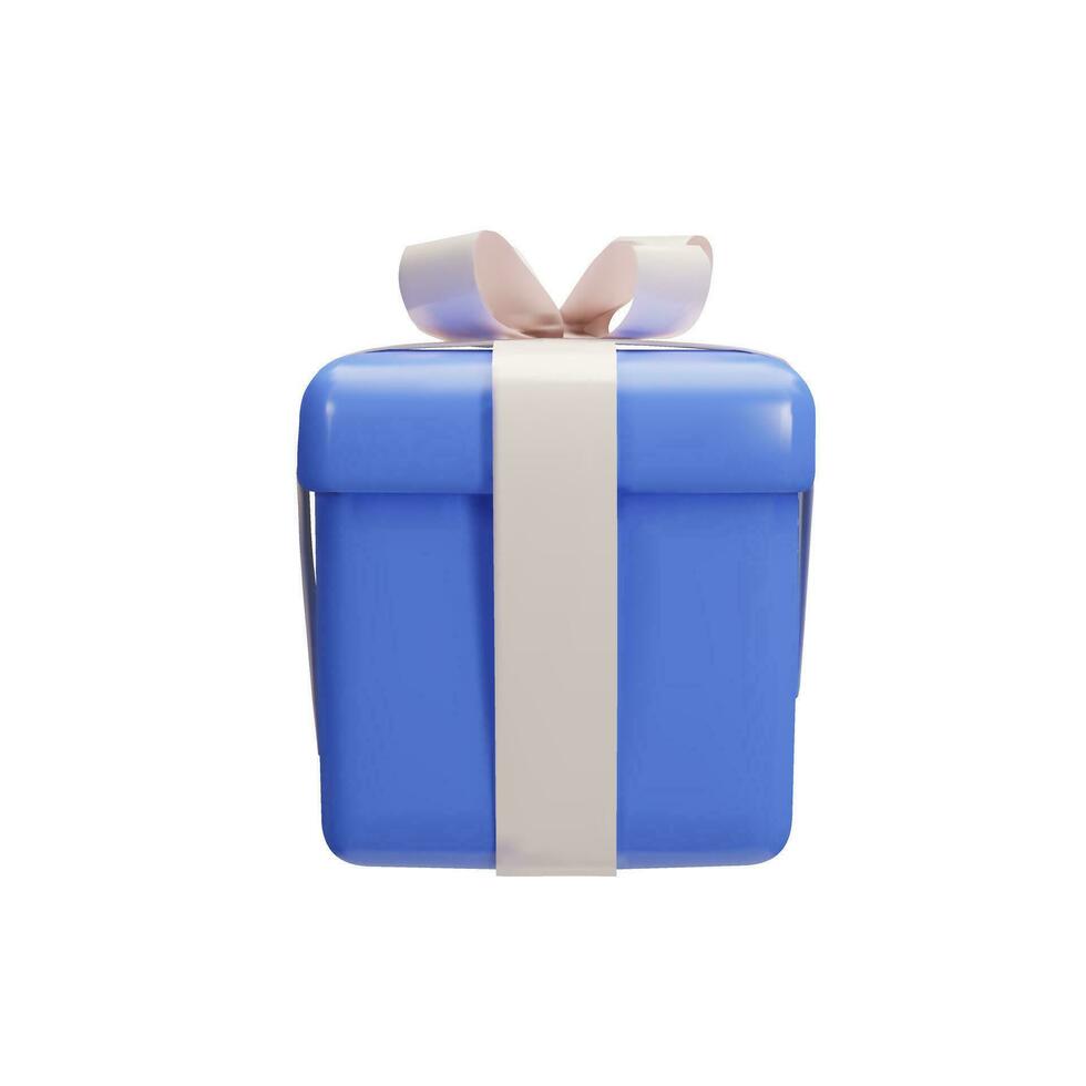 Realistic blue gift box with white ribbon bow isolated on a white background. 3d render modern holiday surprise box. Clay, plastic vector icon for present, birthday or anniversary banners