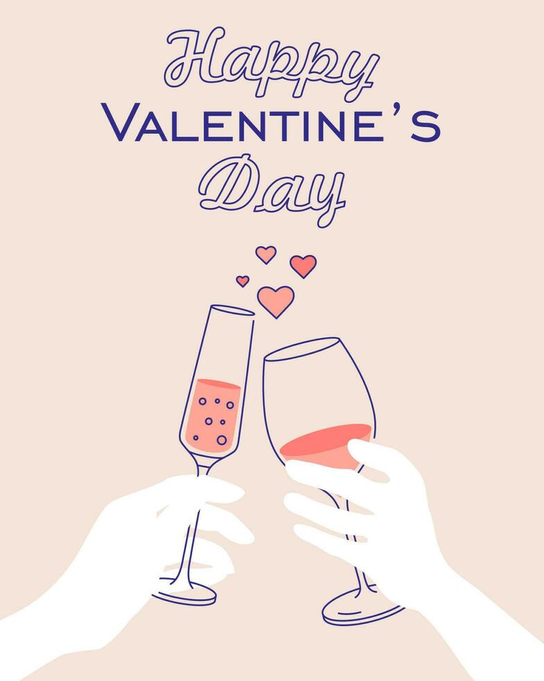 Vector happy valentines day greeting card template with two people holding glasses of wine. Isolated template illustration on pink background with lettering