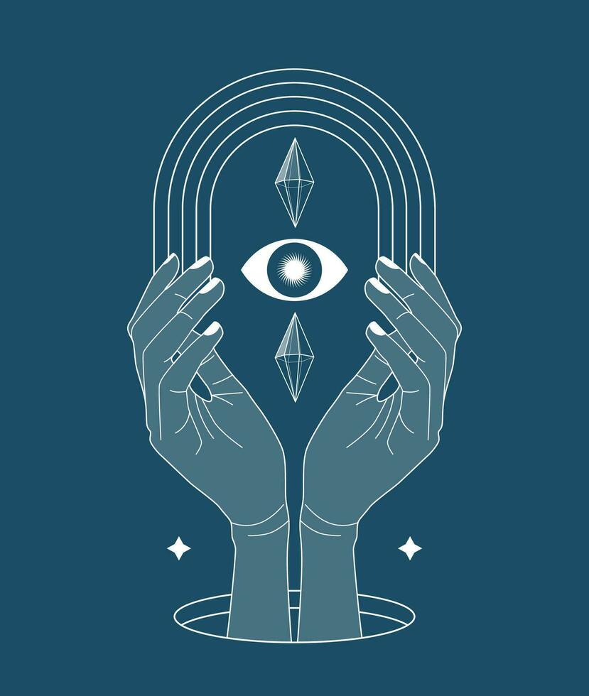 Esoteric illustration of hands holding crystal gem, outline icons. Magic esoteric concept. Modern vector illustration. Transparent line art. Minimalistic sticker design for web and print.
