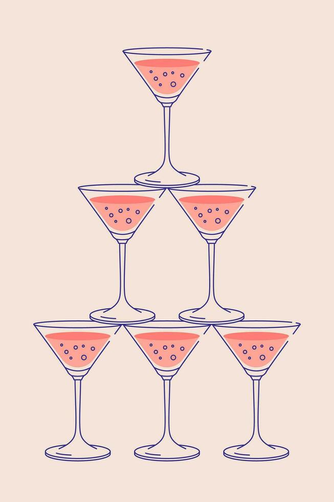 Champagne glasses pyramid. Sparkling wine postcard for web and print. Party invitation with glass tower line art vector illustration.