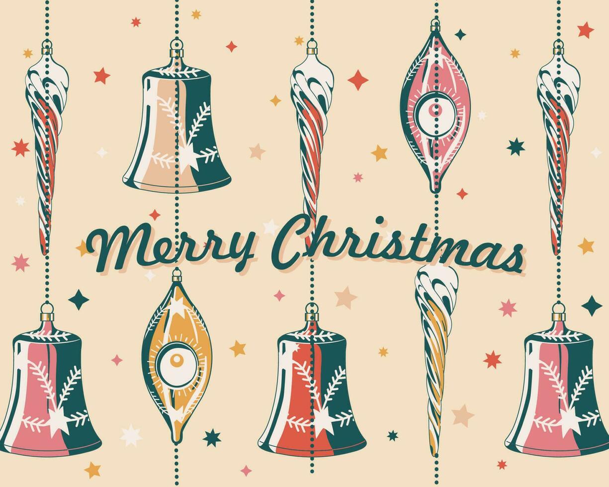 alegre Navidad saludo tarjeta con Clásico Navidad árbol decoraciones ilustración en retro estilo diseño. fiesta invitación. Navidad tarjeta postal con árbol juguetes vector
