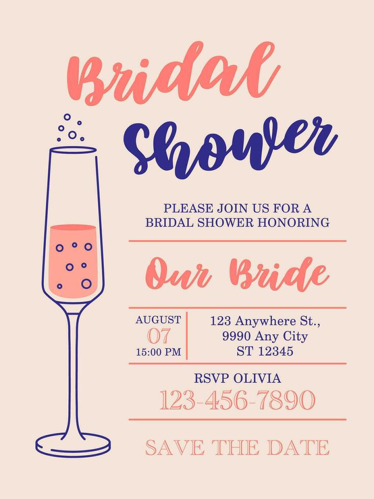 Bridal shower pink invitation card design. Illustration of champagne glass with bubbles, vector. Bubbles of sparkling wine, wedding concept. Event, party, presentation, promotion, menu. vector