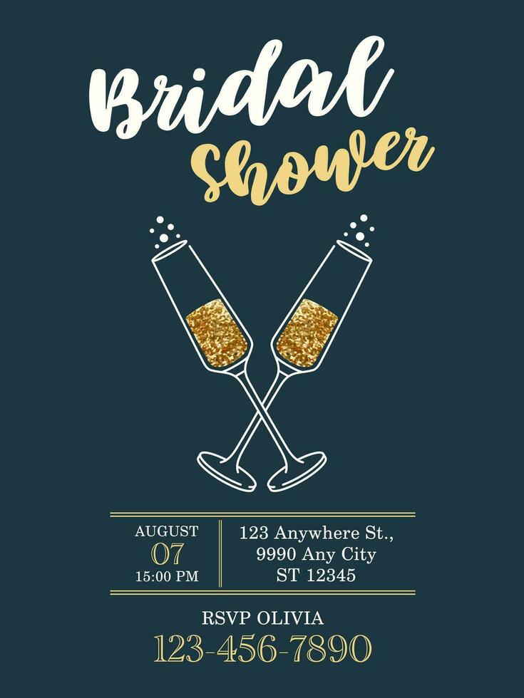 Bridal shower invitation card design. Illustration of champagne glasses with glitter, vector. Bubbles of sparkling wine, wedding concept. Event, party, presentation, promotion, menu. vector