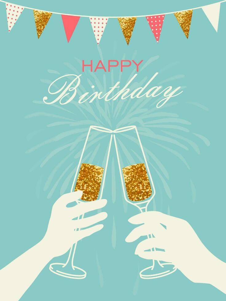Happy Birthday greeting card with a glasses of champagne and fireworks. Illustration of champagne glasses with garland, vector. Cheers sparkling wine, birthday concept. Event, party, celebration. vector