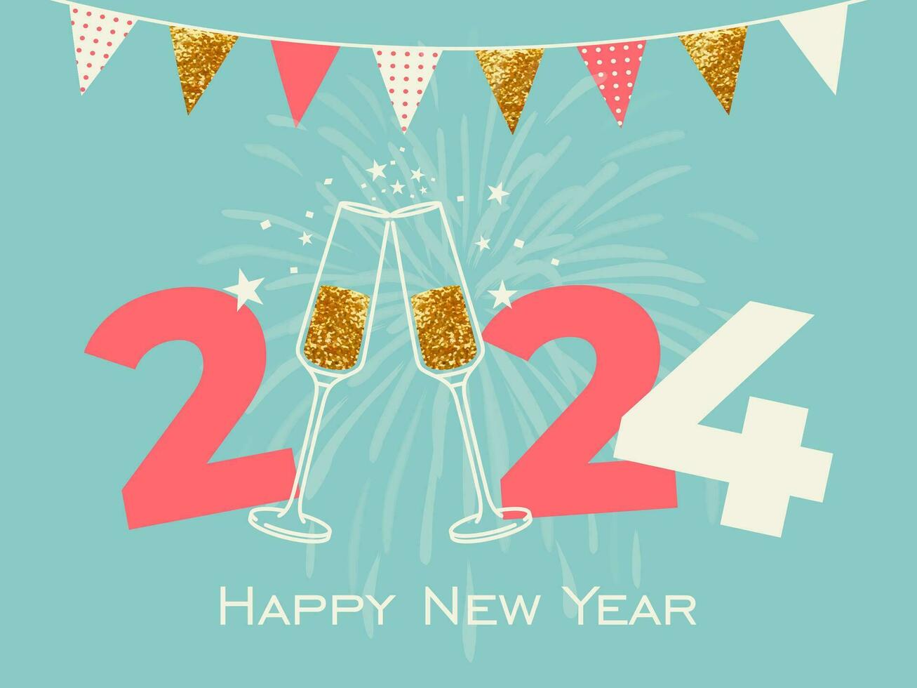 Happy new 2024 year greeting card line art illustration vector design. Banner with champagne glasses, garland and fireworks. Event, party, celebration. Cheers