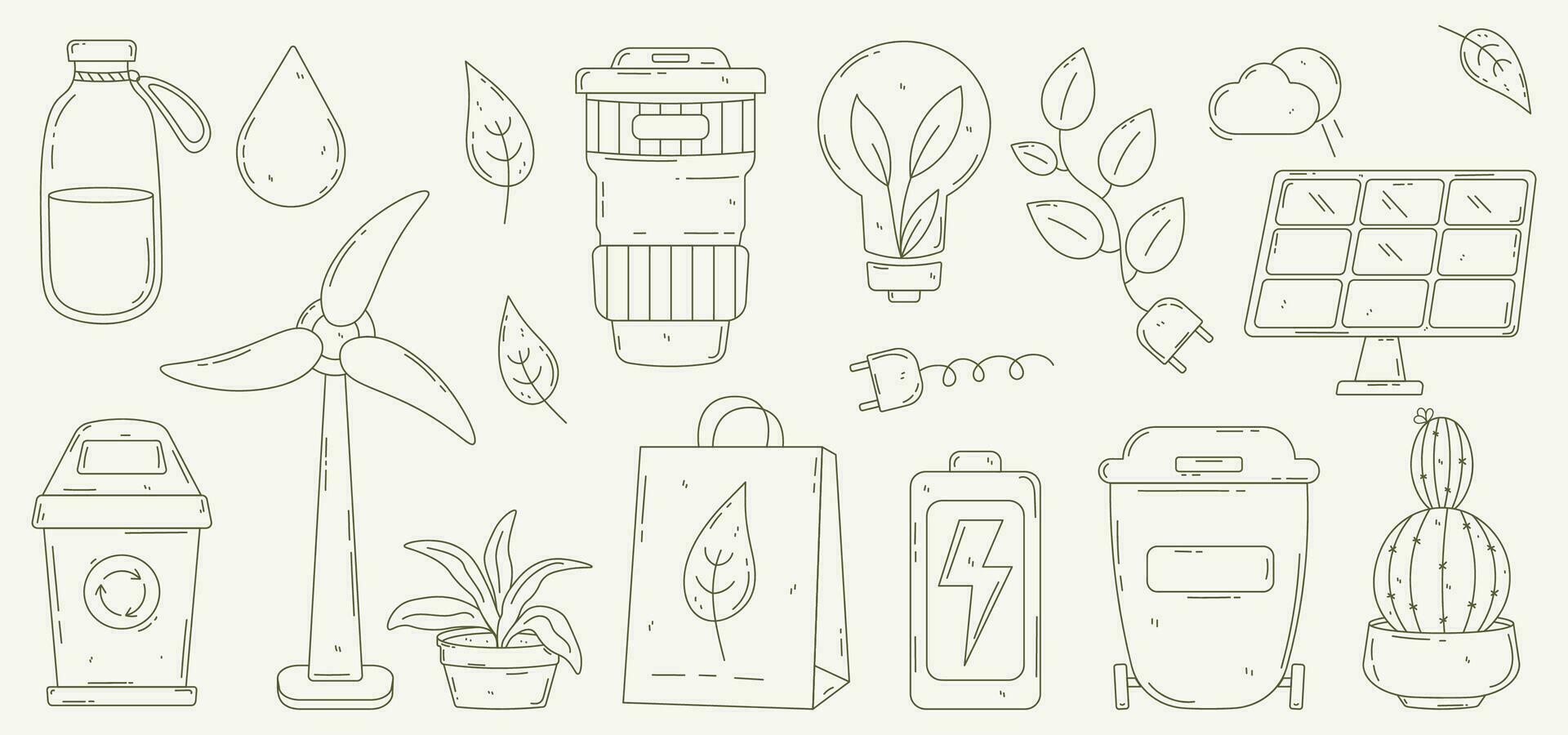 Set of objects on the topic of ecology. Eco lifestyle, zero waste, recycle, eco friendly. Reduce, reuse, refuse. Green sustainable habits concept. Cute doodle line art style. Modern hand drawn vector. vector