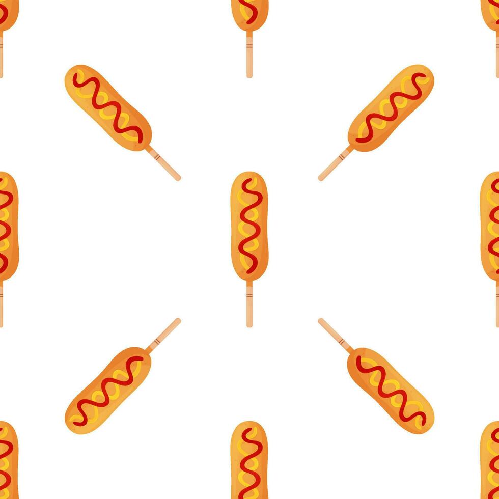 Corn dog with ketchup and mustard. Seamless pattern. Sausage in dough on a stick. American or Korean street food. Detailed flat illustration. Fastfood concept. Isolated on a white background. vector