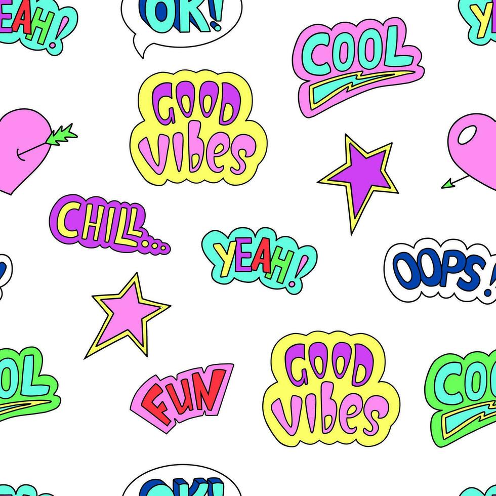 Seamless pattern, trendy retro cool comic style. 90s Pop color handdrawn colorful lettering. Cartoon label patches with text. Speech bubble elements, doodle style vector background