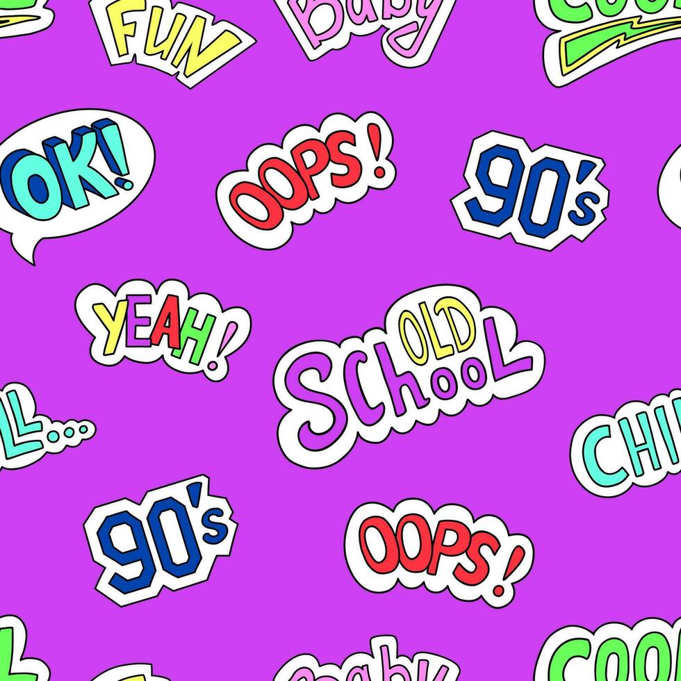Trendy retro seamless pattern, cool comic style. Pop color 90s hand drawn colorful lettering. Cartoon label patches with text. Speech bubble elements, doodle style vector