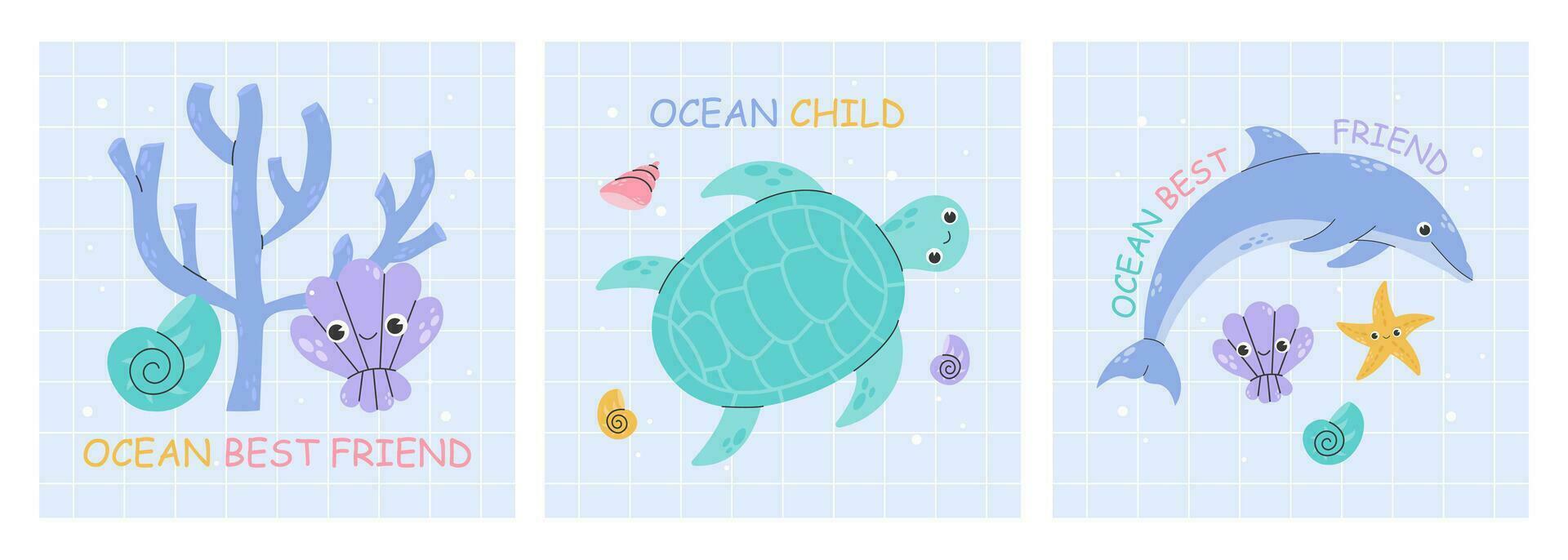 Nautical themed posters, seashell, sea turtle, dolphin. Cute baby illustrations with lettering for poster, greeting card, banner and flyer. Set of vector stock illustrations with sea animals.