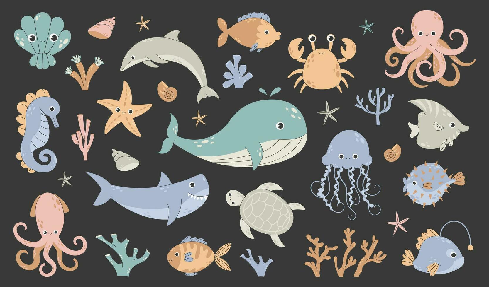 Set with hand drawn sea life elements. Vector doodle cartoon set of marine life objects. Cute sea fish, water coral, jellyfish, octopus, whale, shark, various fish. Vector stock illustration.